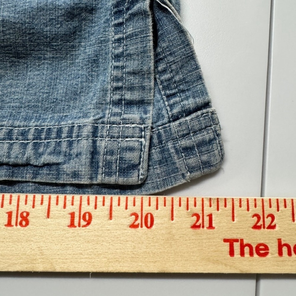 French Cuff Denim Mini Skirt Blue Cotton Purple Button Utility Pockets Size 8 - Picture 6 of 9